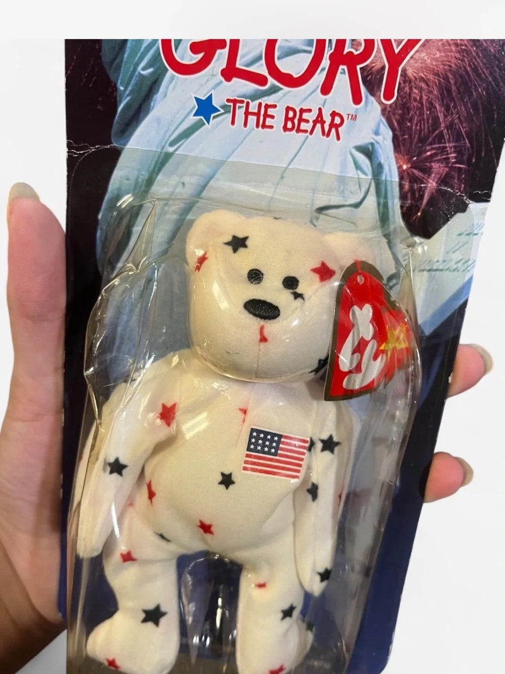 TY Glory the Bear Plush Toy - Cream with Red, Blue Stars